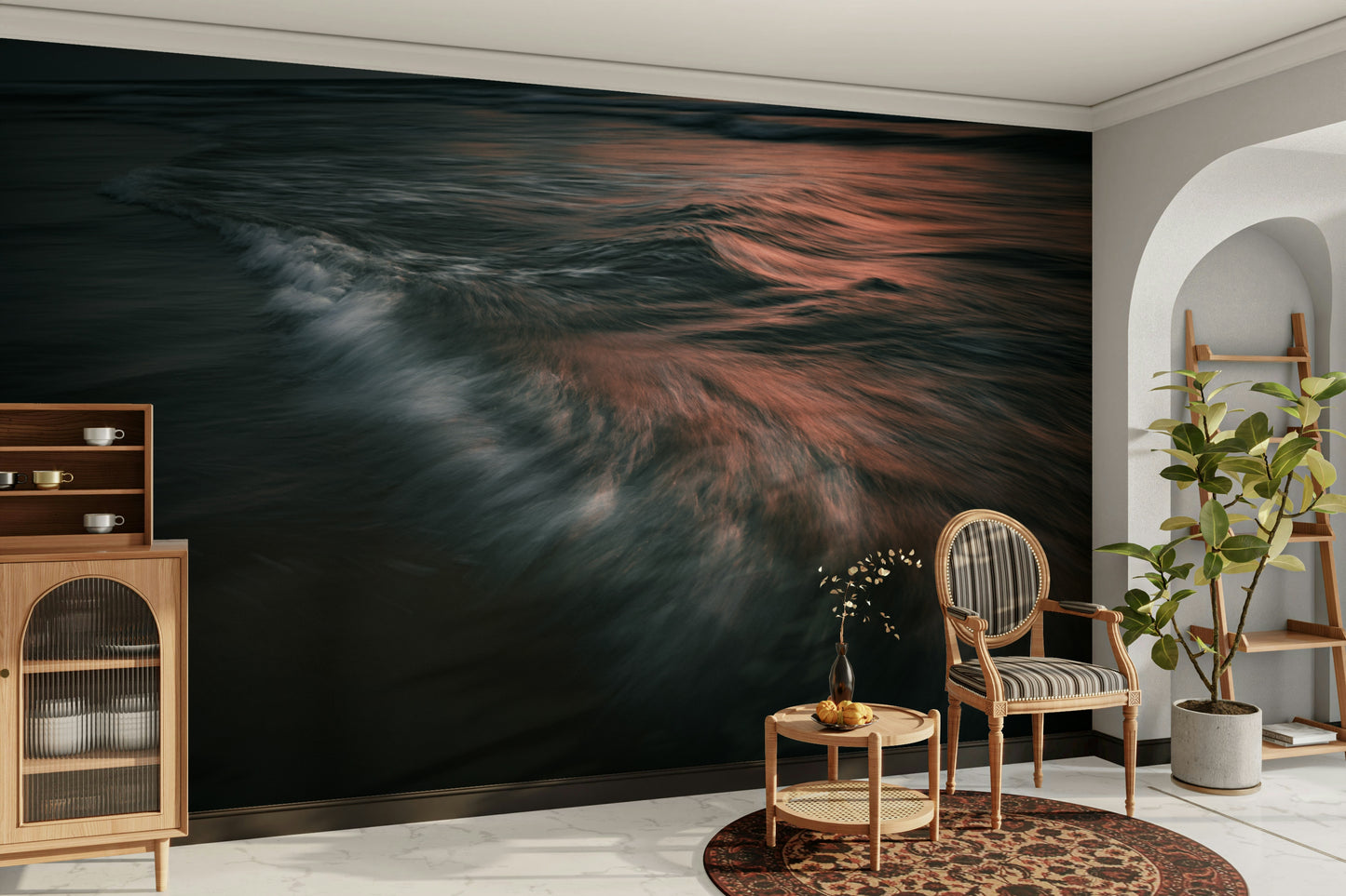 A minimalist home office with the abstract wave wallpaper.

