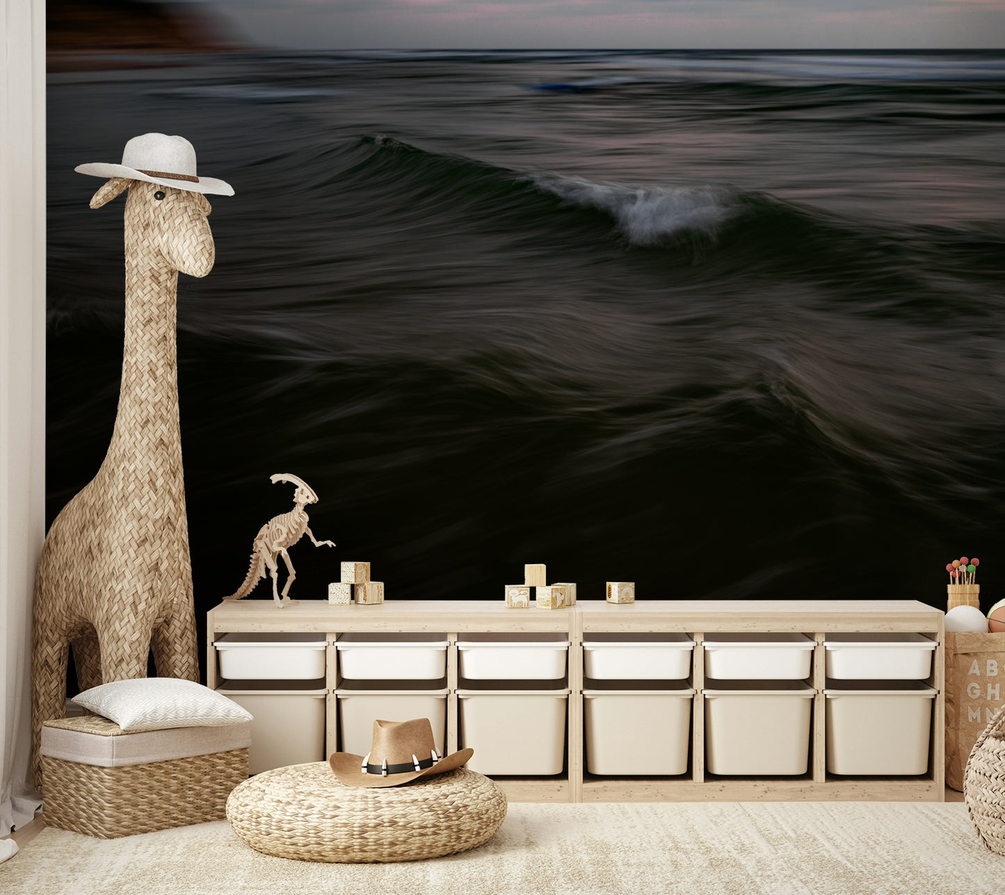 The wallpaper is used as a feature wall in a bedroom.

