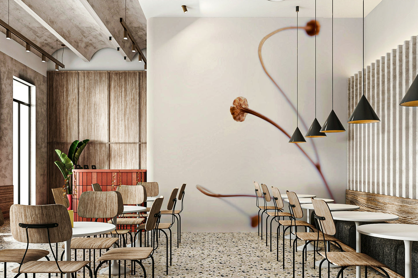 A minimalist interior with the subtle botanical wallpaper.

