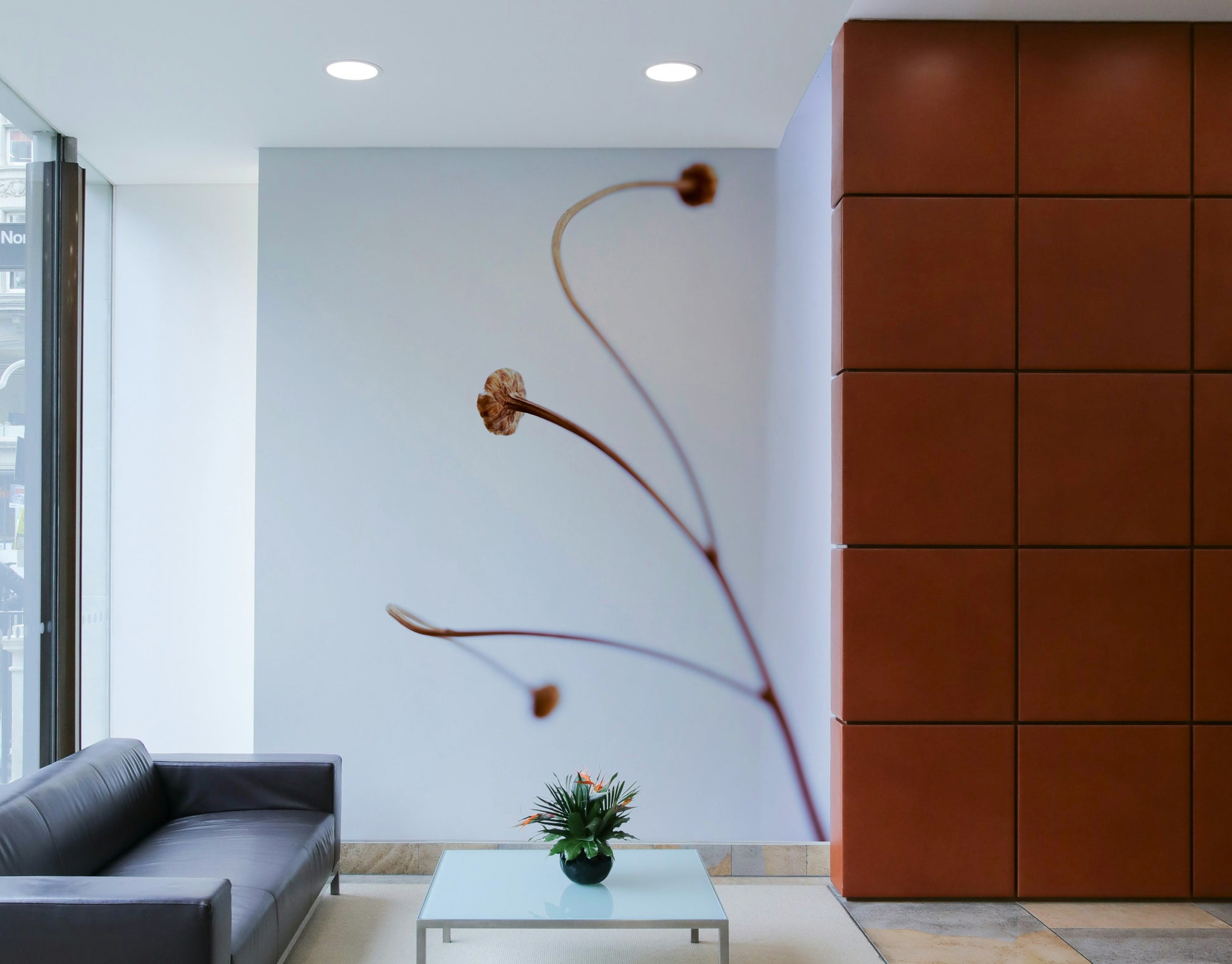 The wallpaper is used as a feature wall in a bedroom.

