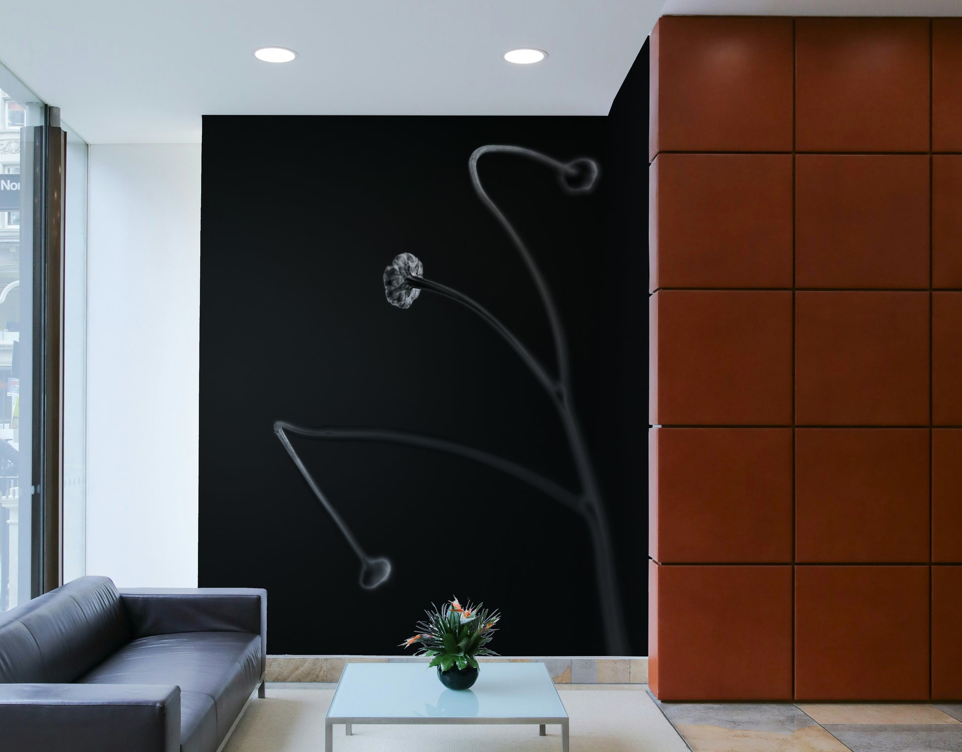 A living room featuring the abstract botanical wall mural.

