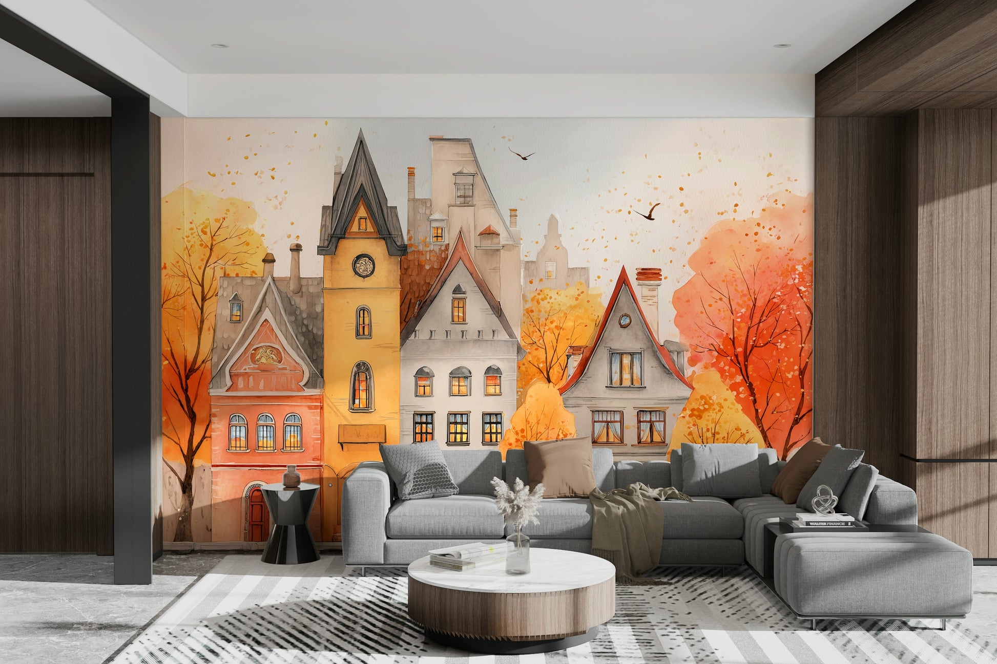 Autumn Town village wall mural

