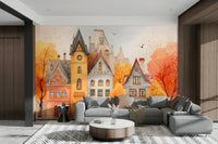 Autumn Town village wall mural

