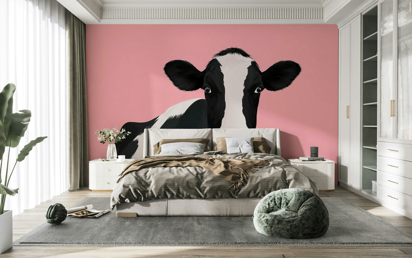 A photo of a Cow with Blossom Charm Wall Mural with flowers.