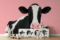 A classic farmhouse mural with a cow pattern.