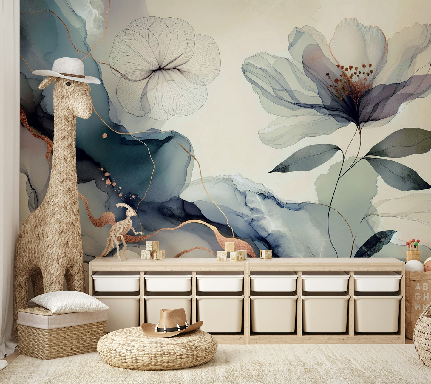 A classic blue mural with a garden pattern.