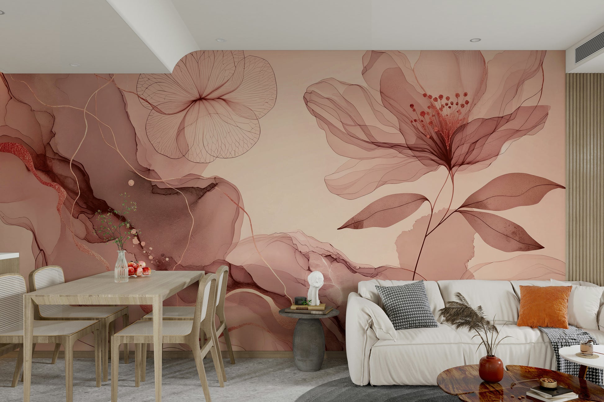A photo of a Dreamy Sage Garden Rose Gold Wall Mural with plants.