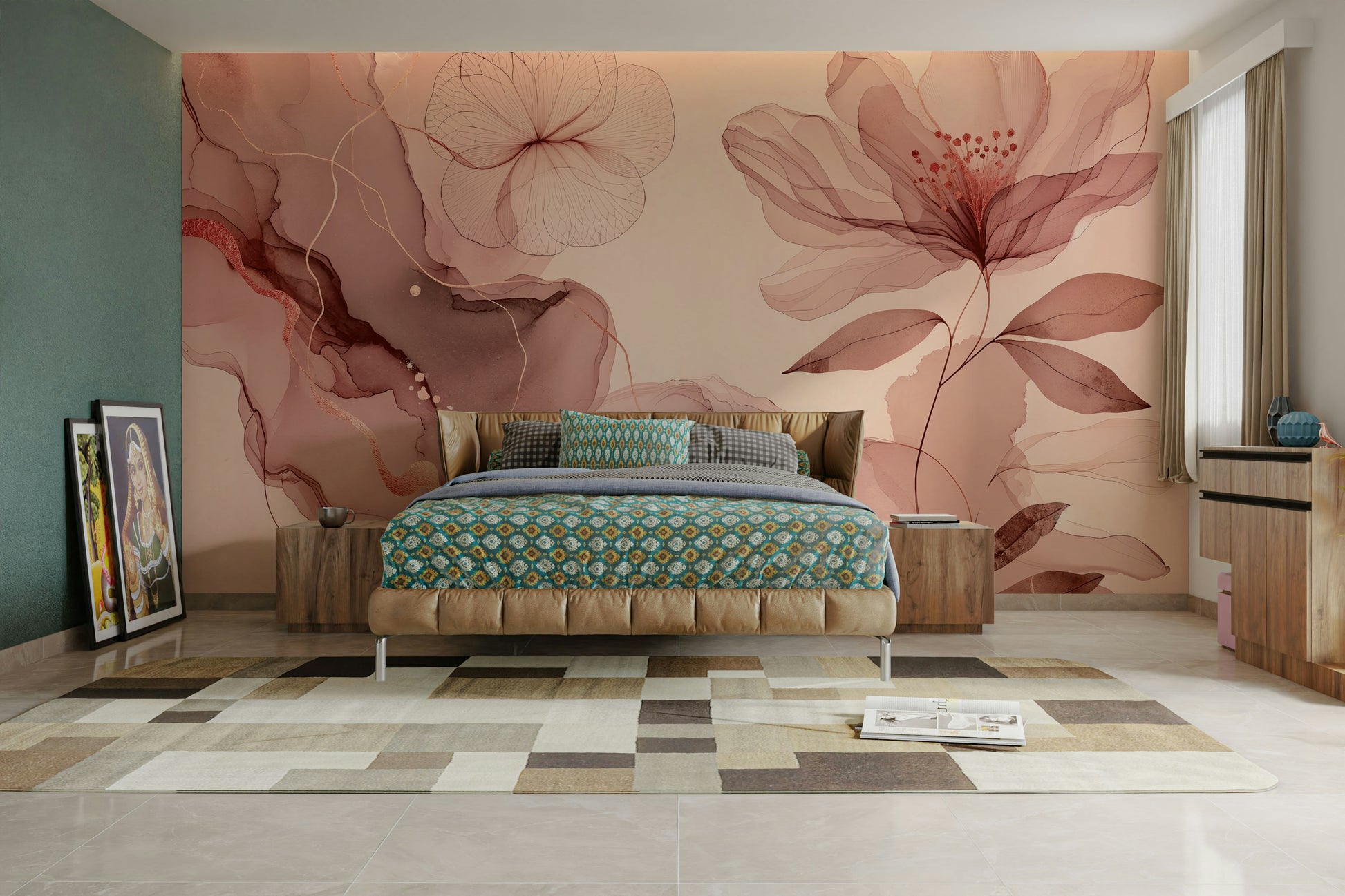 An interior view showing a wall decorated with a Dreamy Sage Garden Rose Gold Wall Mural.