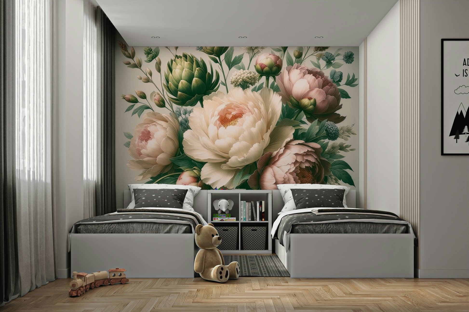 A photo of a Vintage Peonies Baroque Wall Mural with elegant flowers.