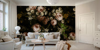 A photo of a Midnight Baroque Bloom Wall Mural with dark flowers.
