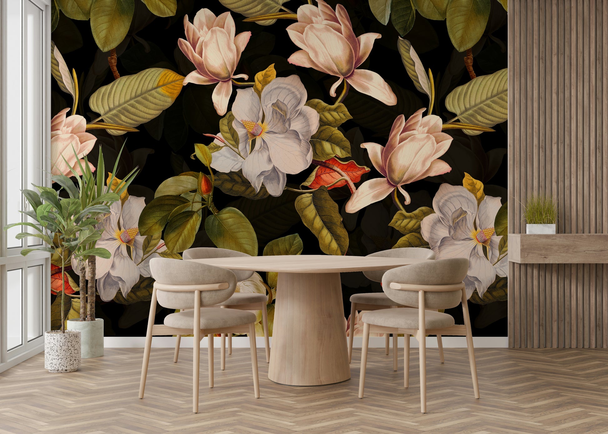 An elegant wall mural with a garden theme.