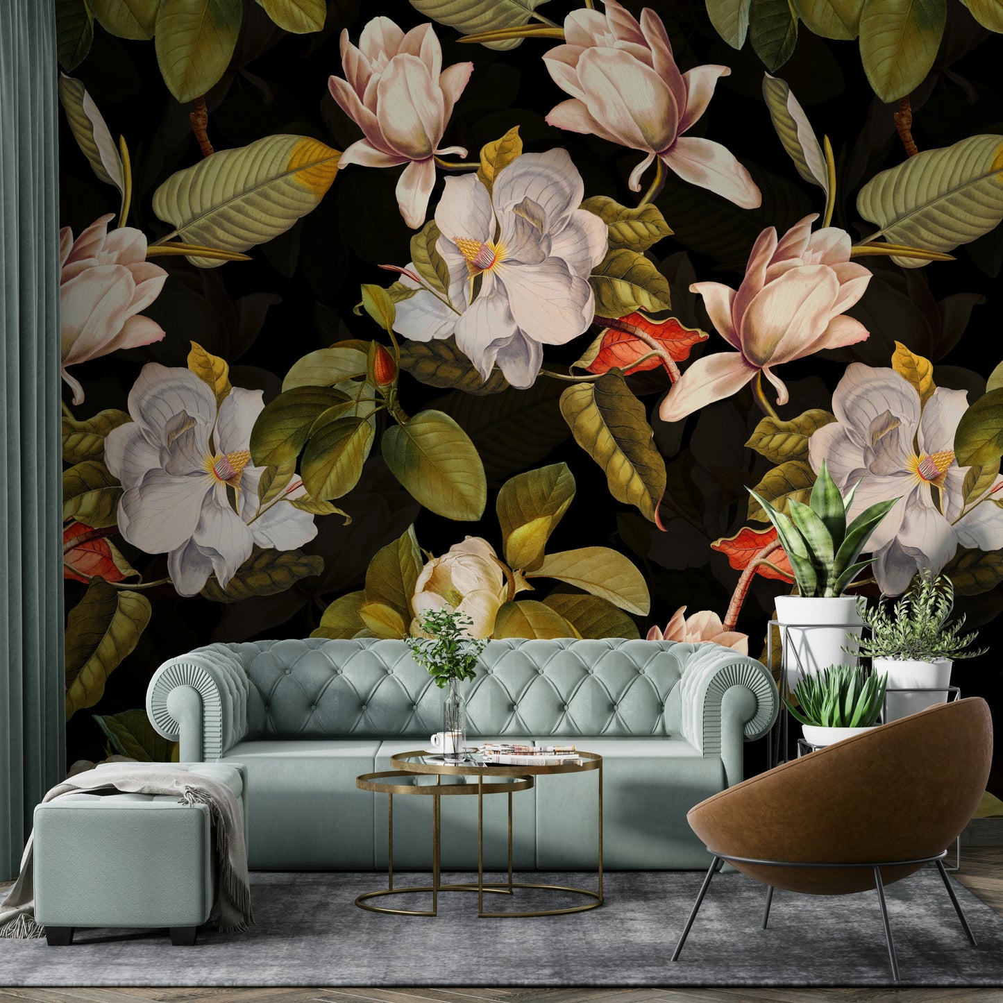A dark floral decor with magnolia flowers.