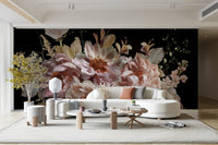 An interior view showing a wall decorated with a Blush Peonies Noir Garden Wall Mural.