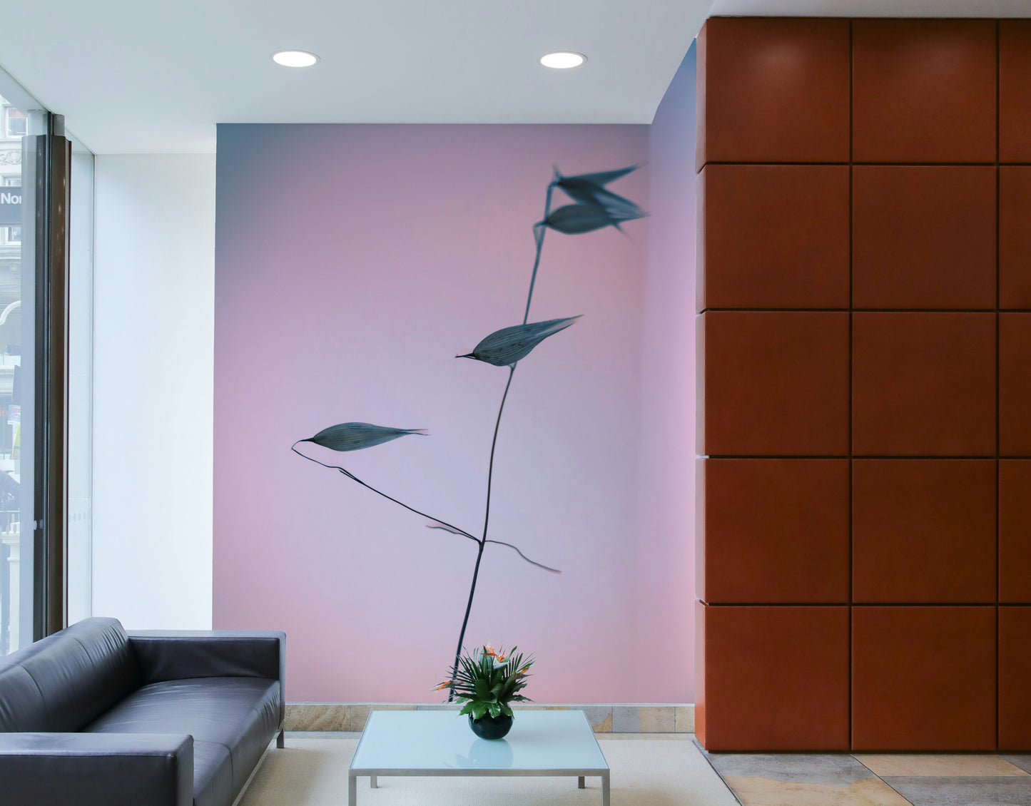 A living room featuring the abstract botanical wall mural.

