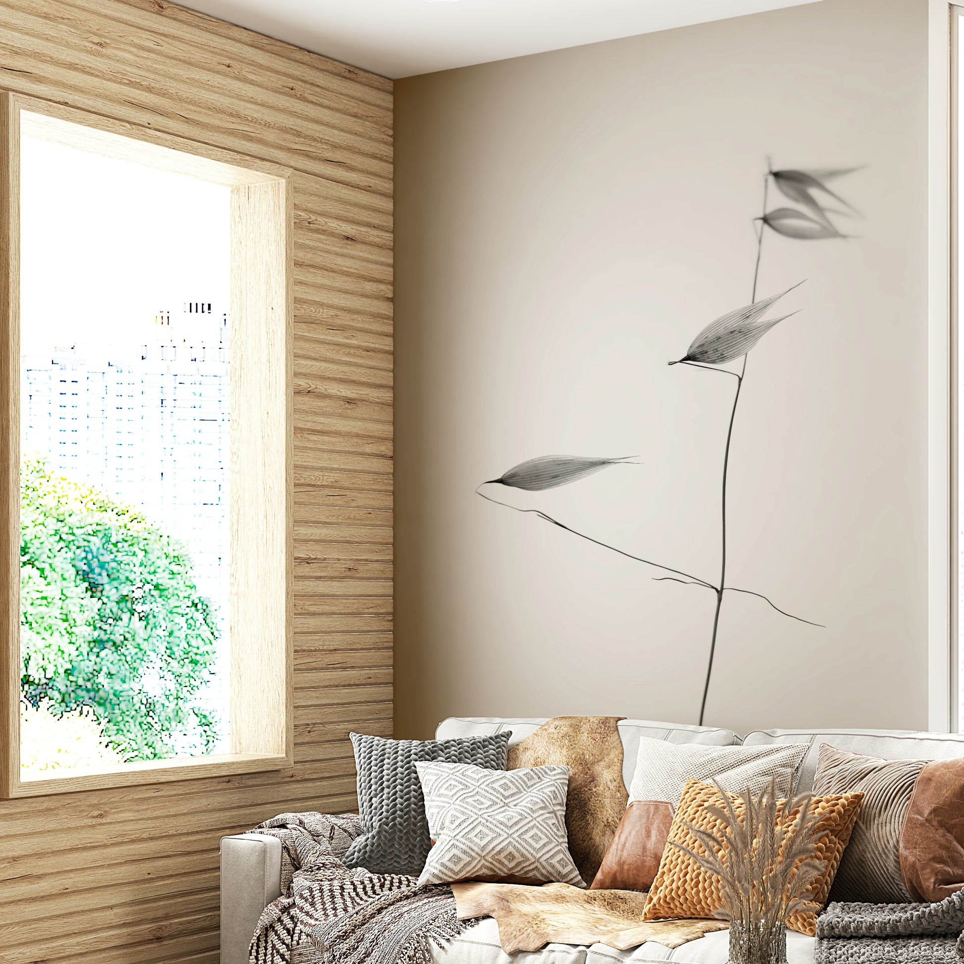 A minimalist interior with the black and white botanical wallpaper.

