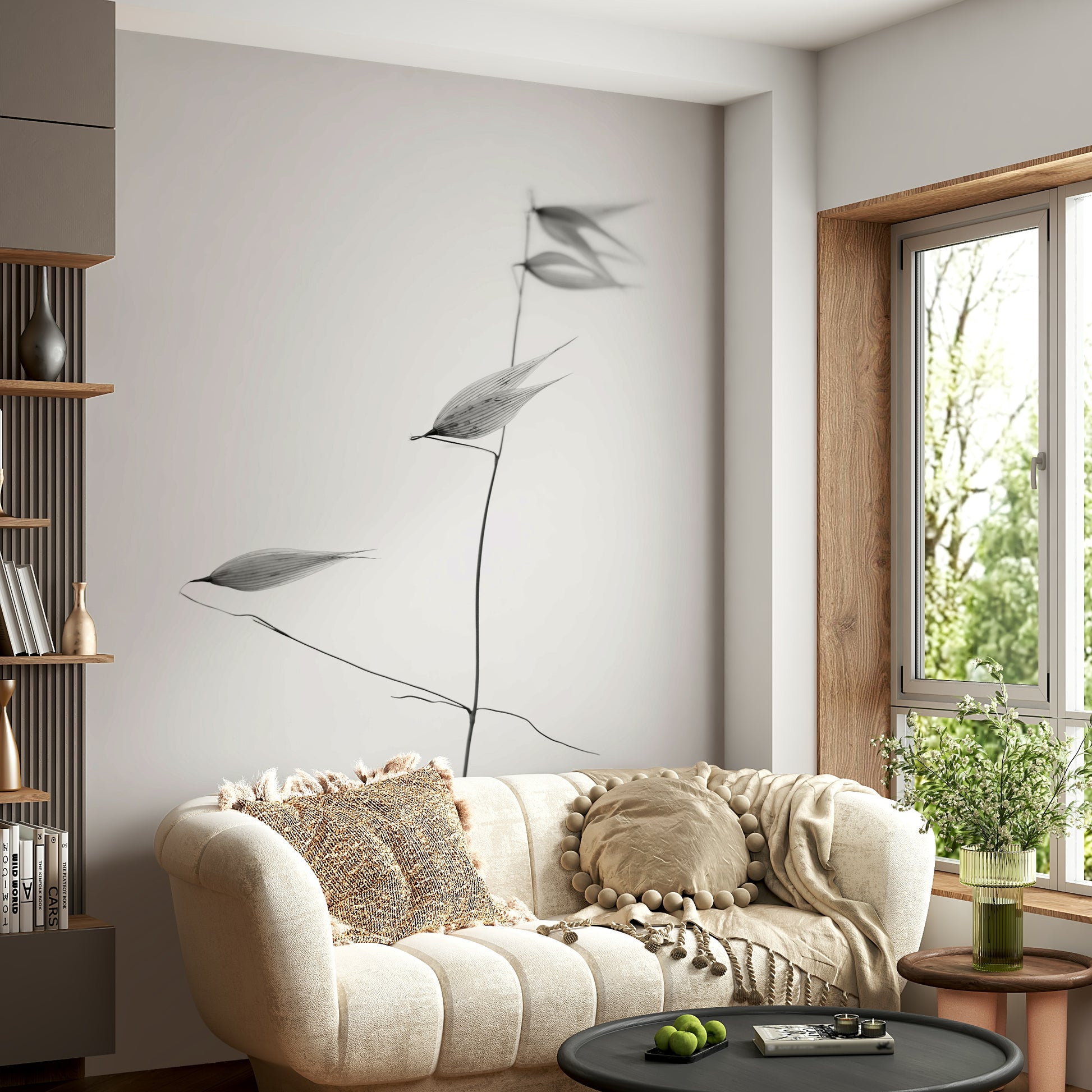 A detail of the graceful, curved lines in the monochrome design.

