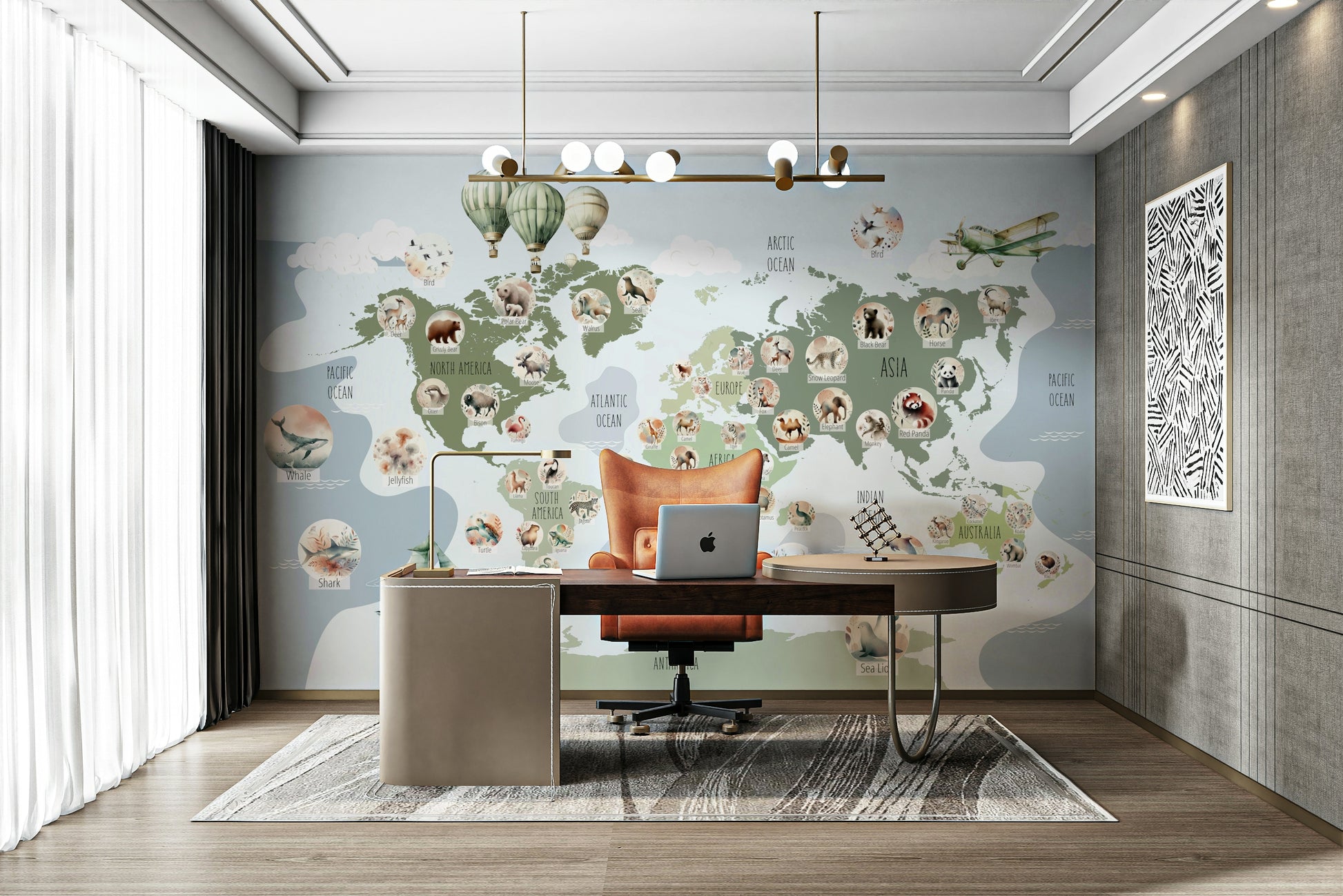 A colorful and adventurous wildlife map wall decor.

