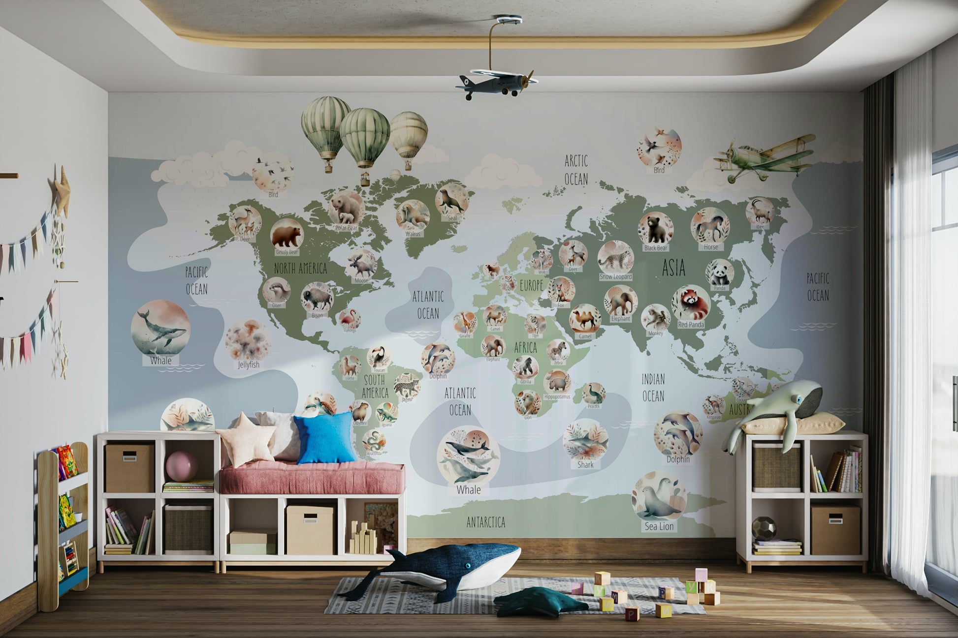 An adventurous animal map wallpaper for a kids' room.


