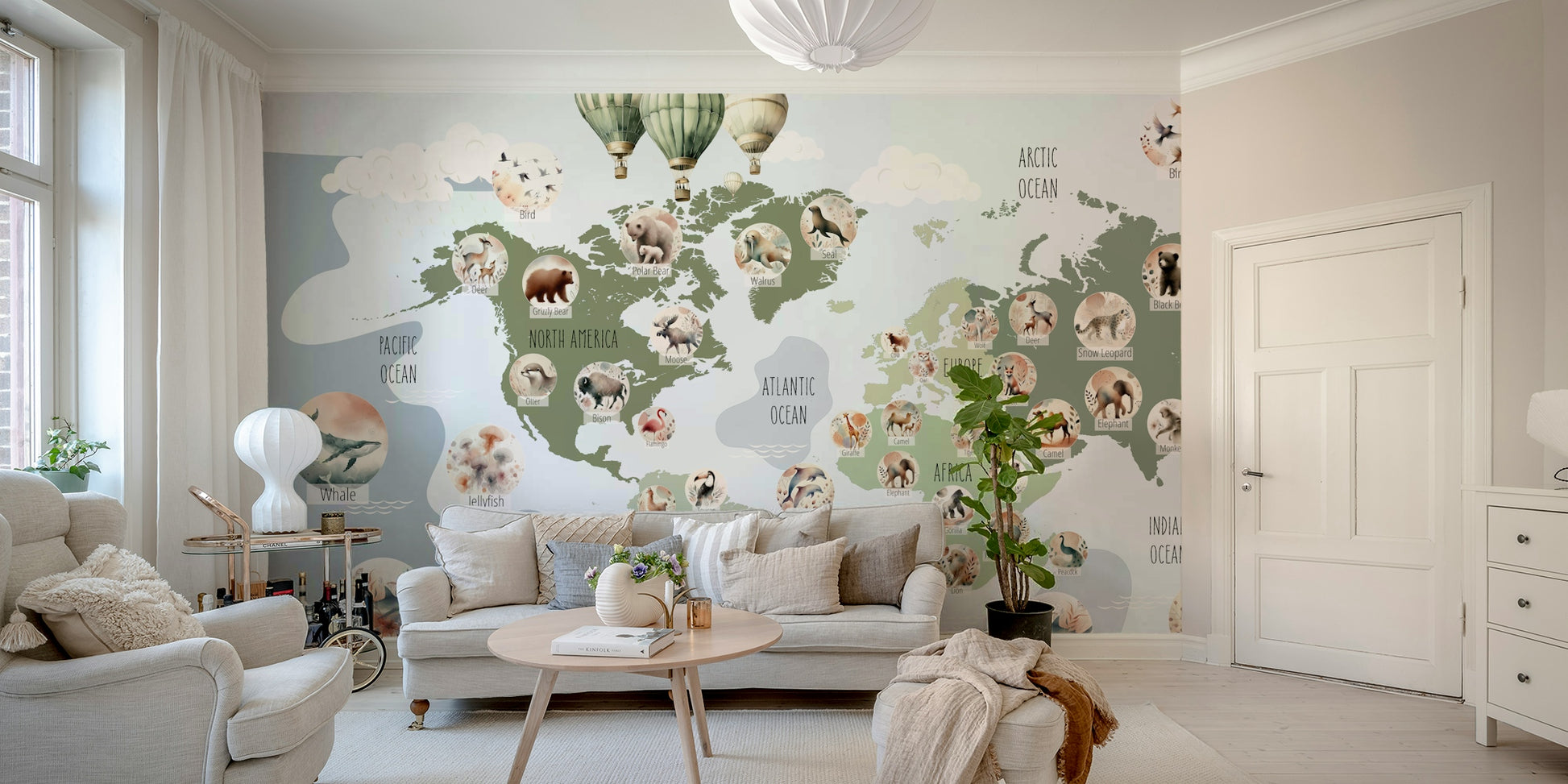 A travel-themed world map mural with cartoon animals.

