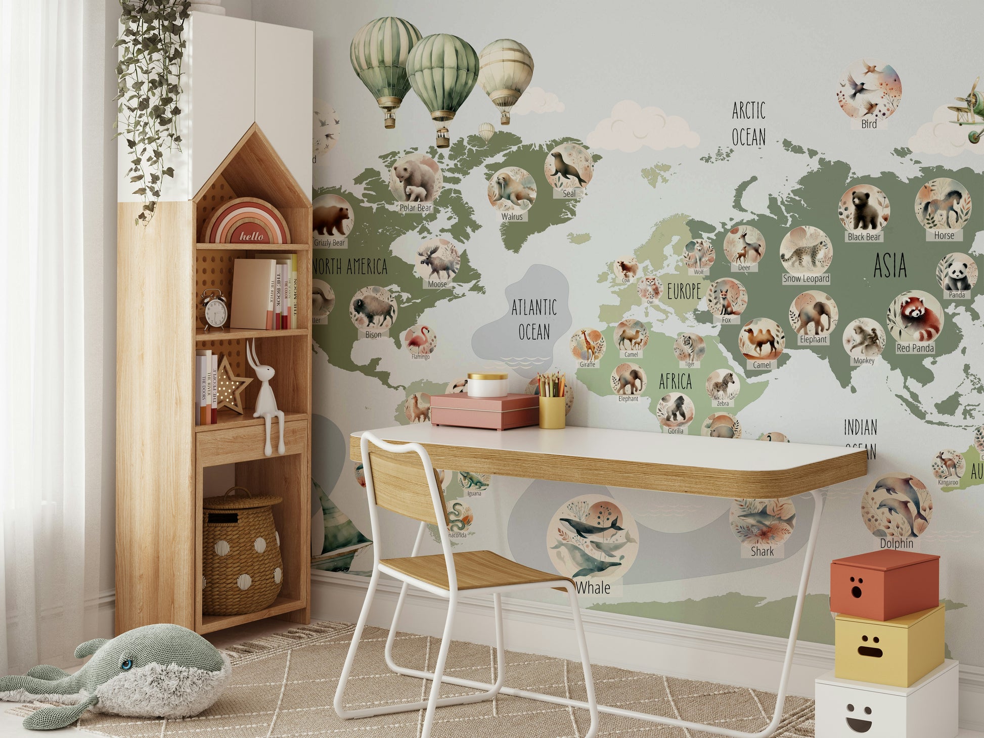 An exploration world map wall art featuring wildlife.

