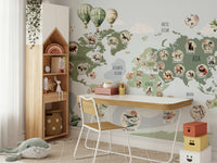 An exploration world map wall art featuring wildlife.


