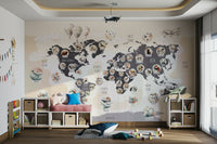 An elegant world map mural with cartoon animals.

