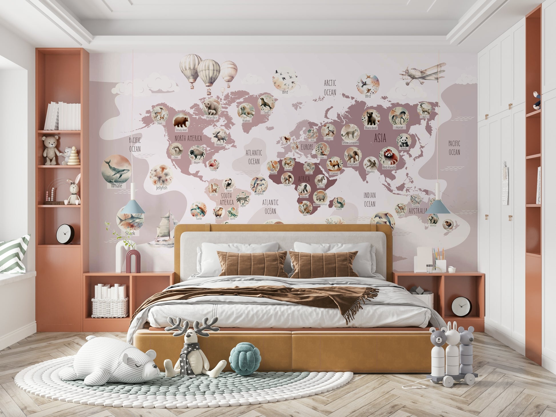Delightful Wildlife World Map kids room decor wallpaper