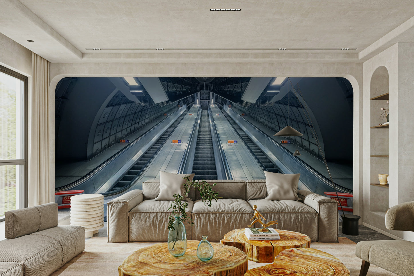 A minimalist home office with the subway wallpaper.

