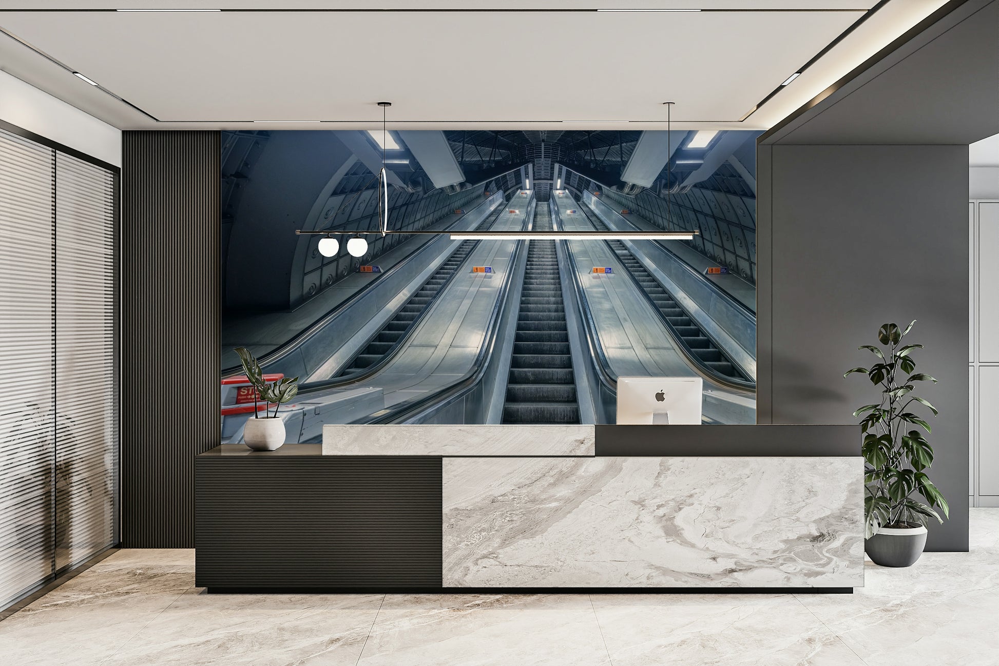 A high-angle view of the wall mural in a large space.

