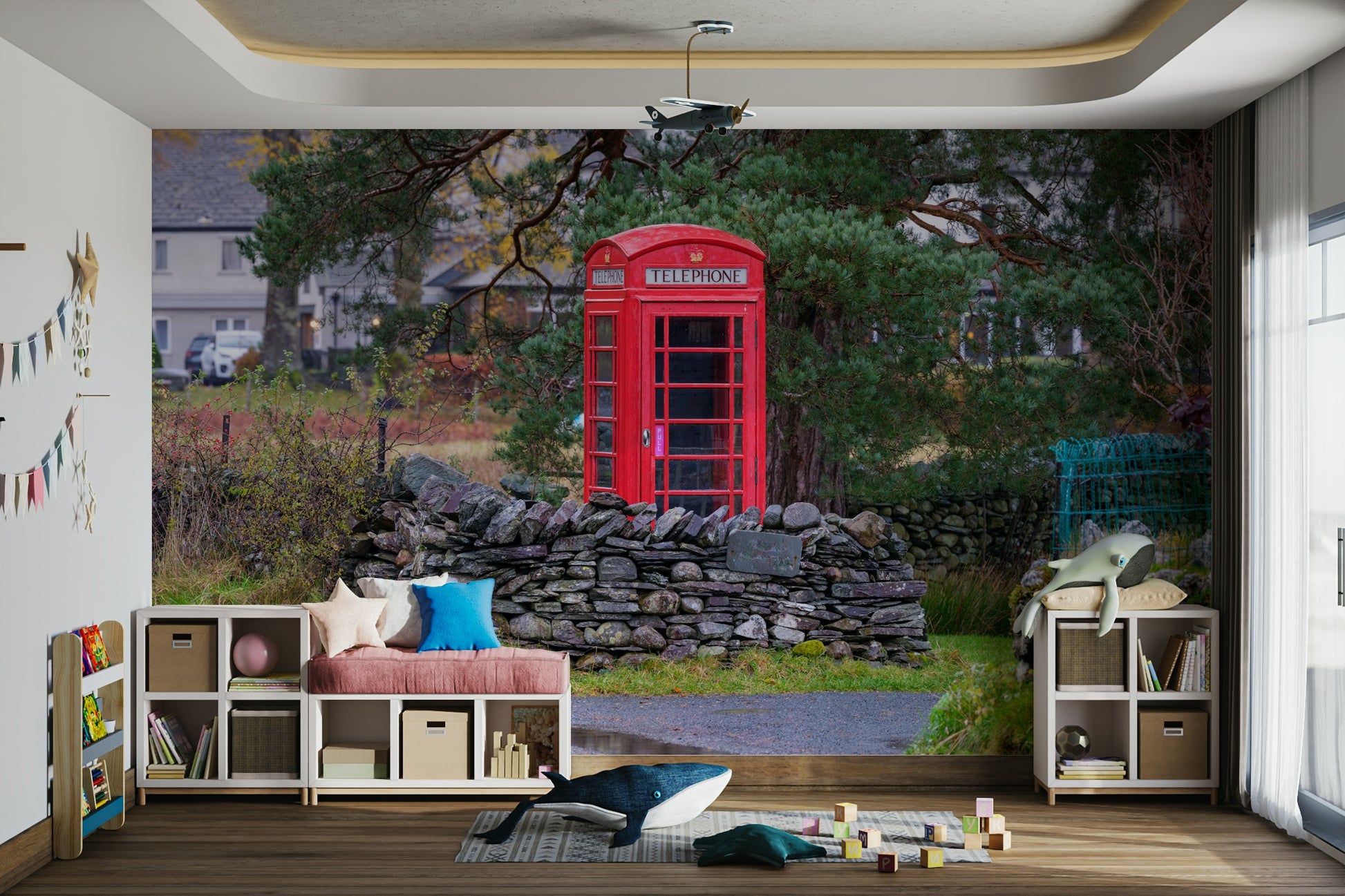 A bedroom with the London mural behind the headboard.

