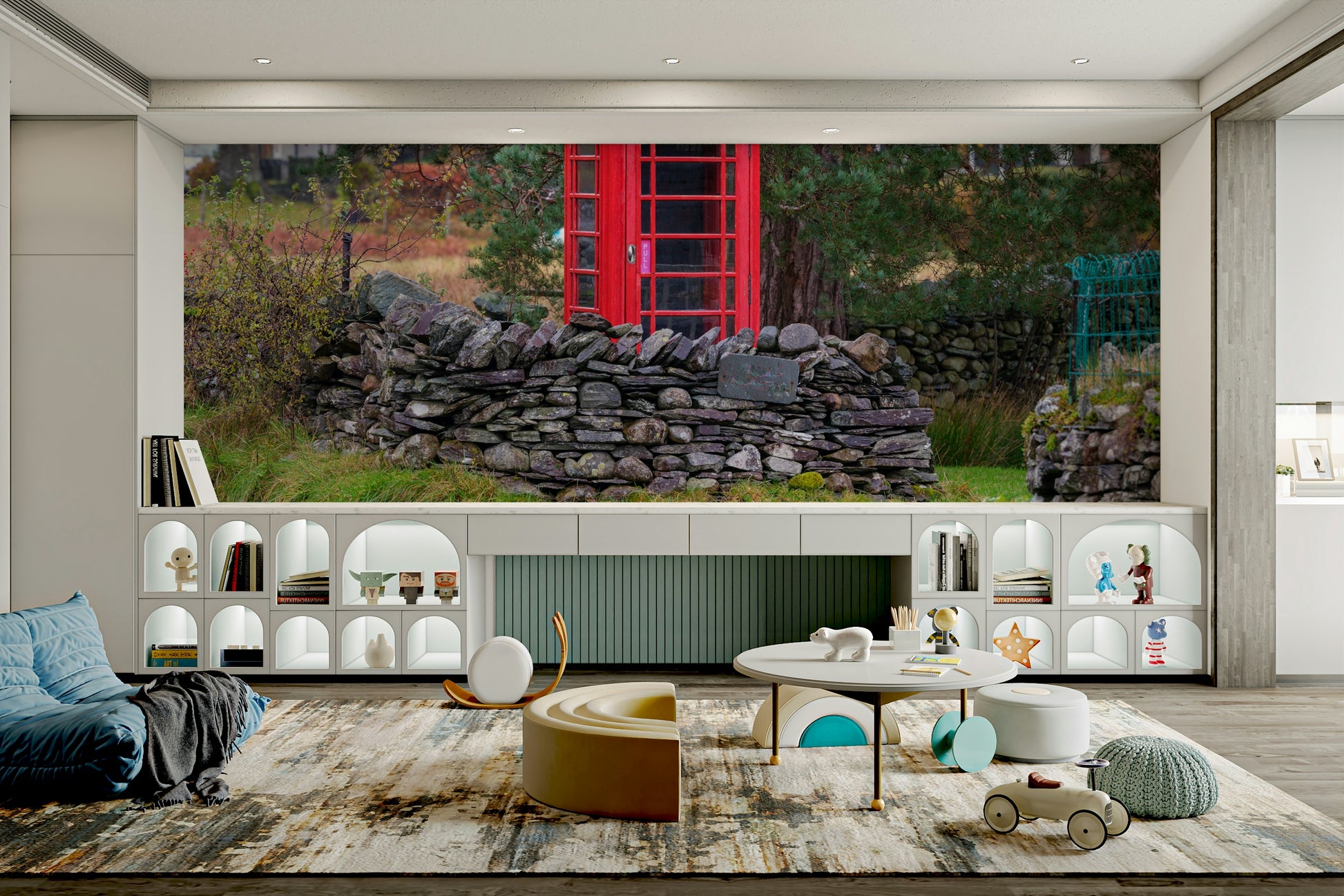 A close-up of the textured details on the red telephone box.


