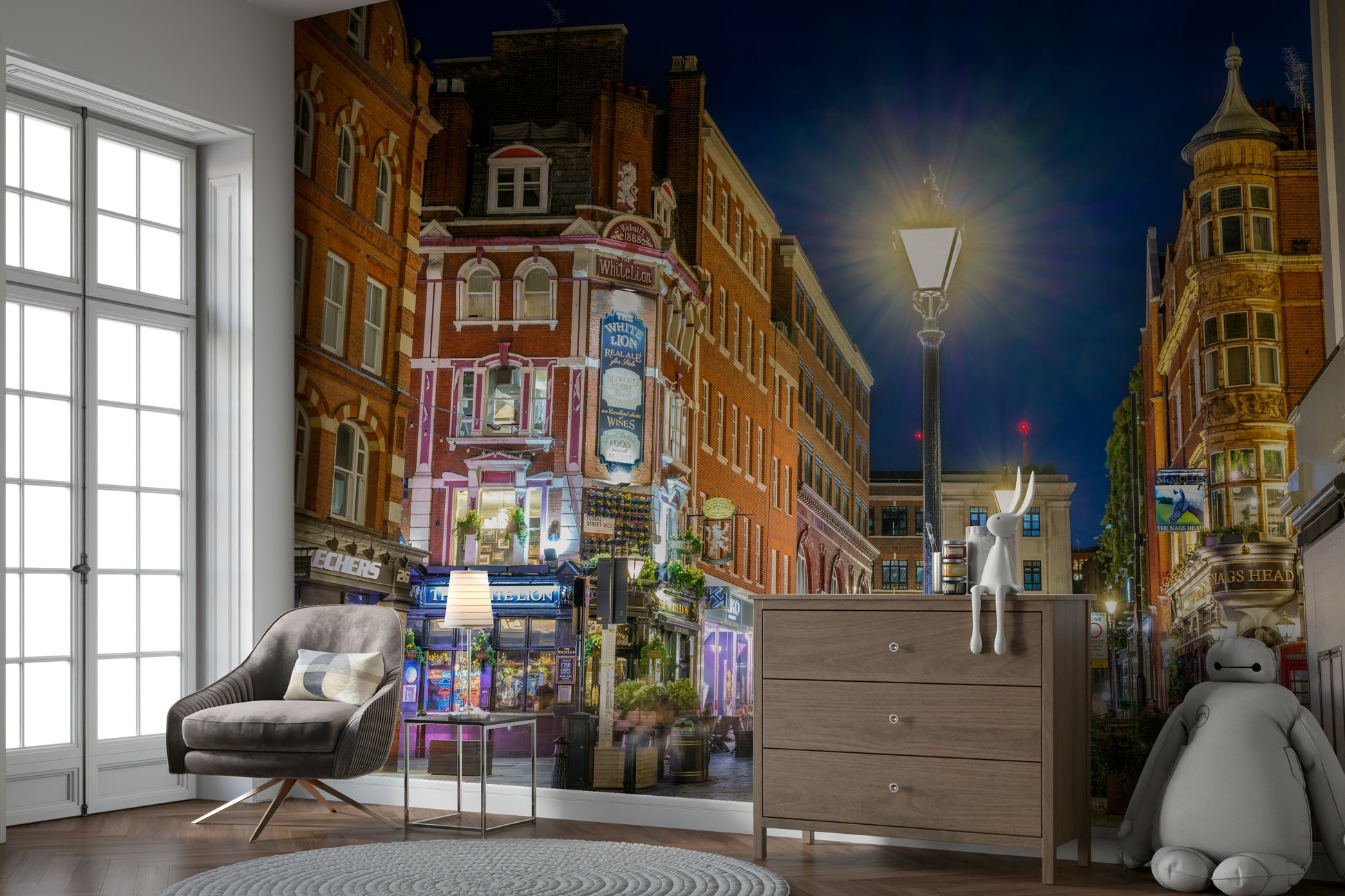 The peel and stick wallpaper showing realistic street textures.

