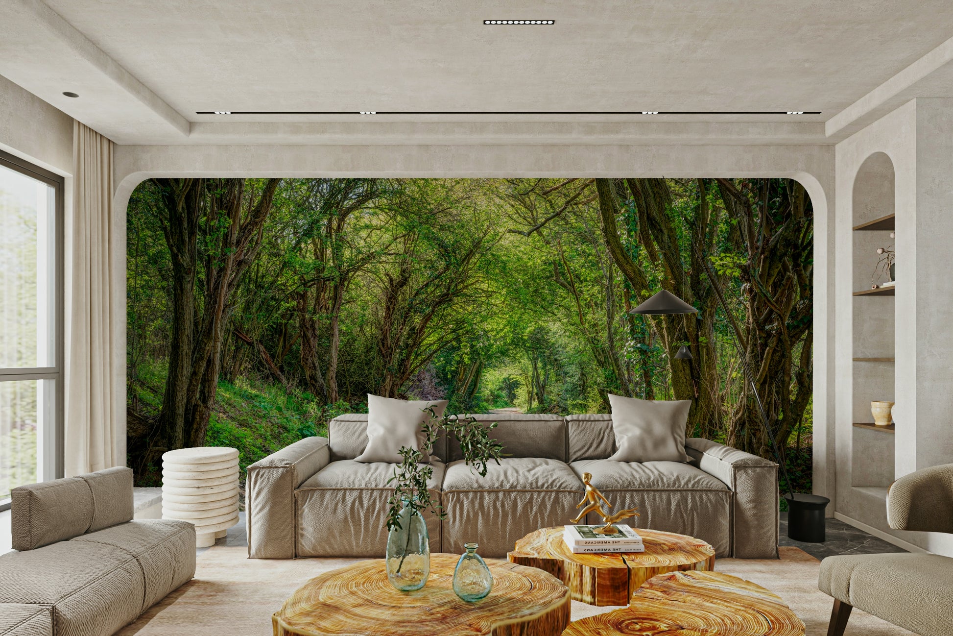 A high-angle view of the wall mural in a large space.

