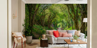 A contemporary living room with a large forest wall mural.

