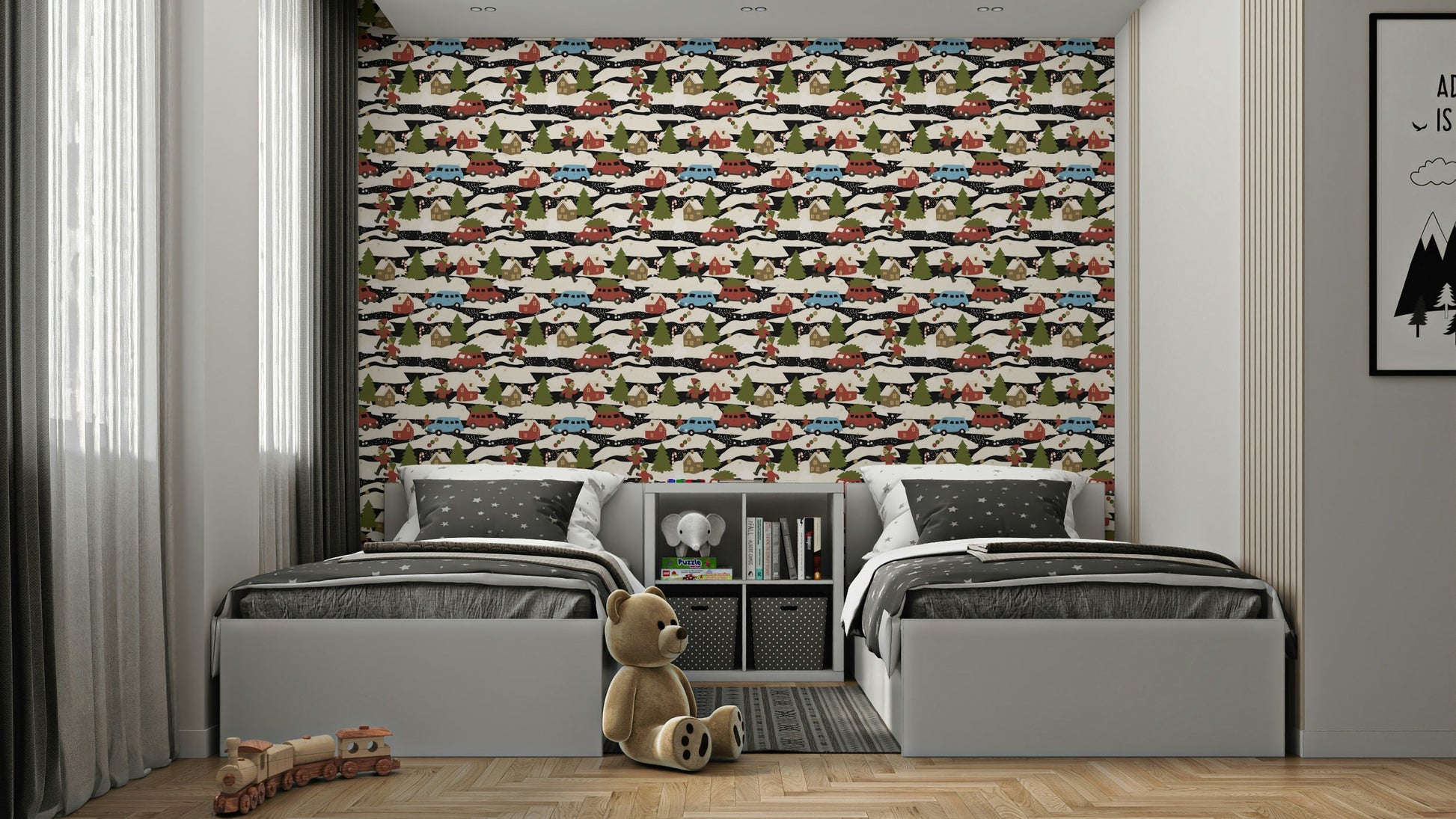 Snowy Town Adventure cozy wall covering.