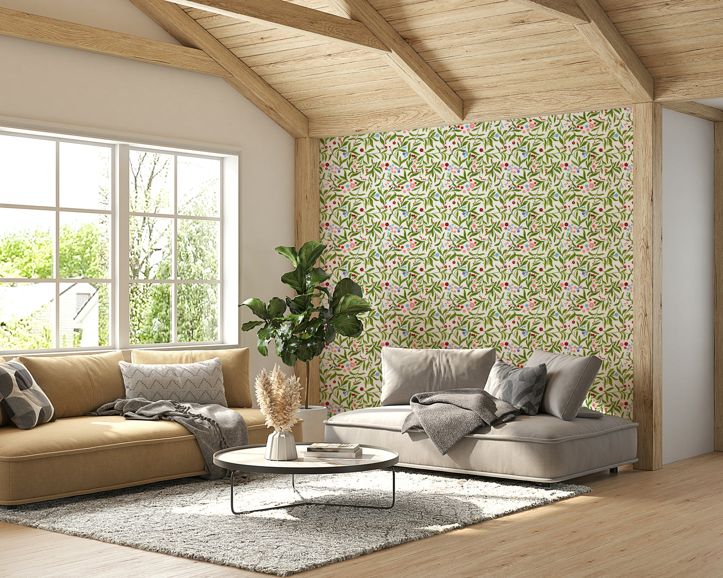 A minimalist home office with the garden party wallpaper.