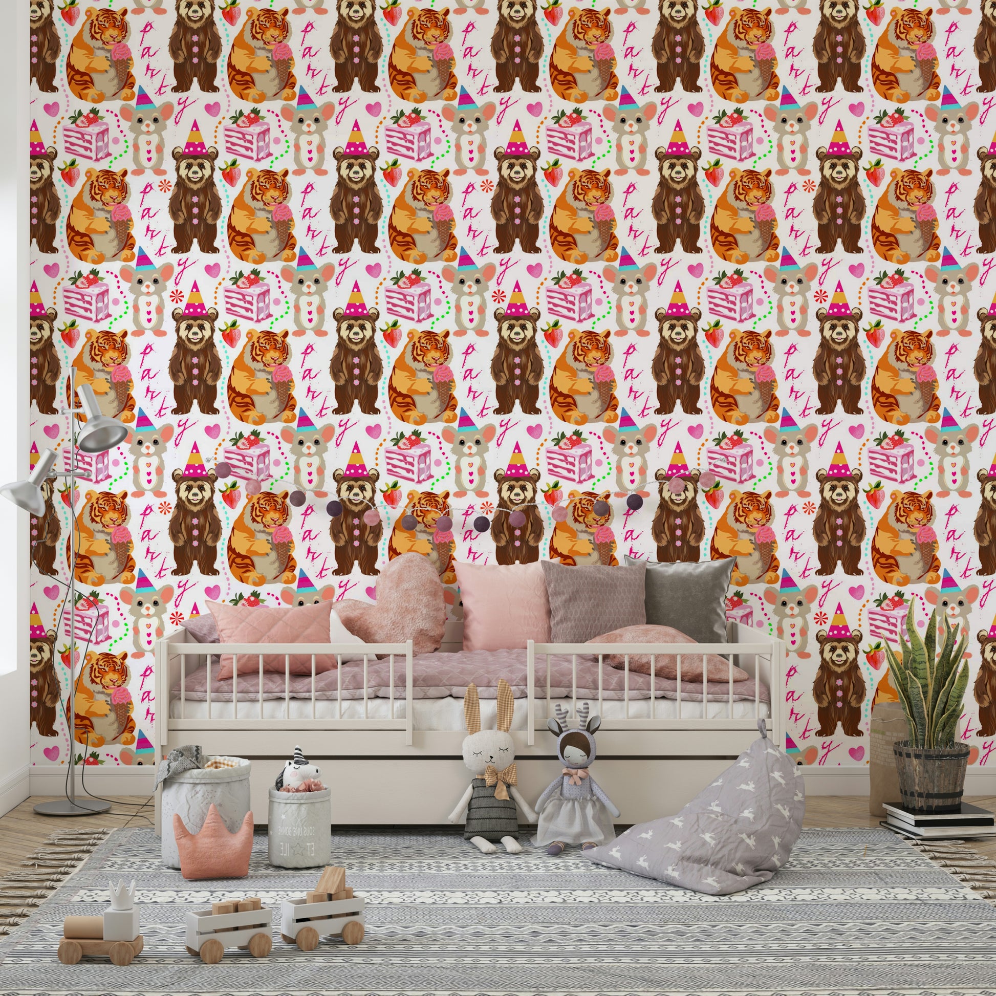 A living room featuring the party animal wall mural.