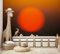 A living room featuring the minimalist sunset wall mural.