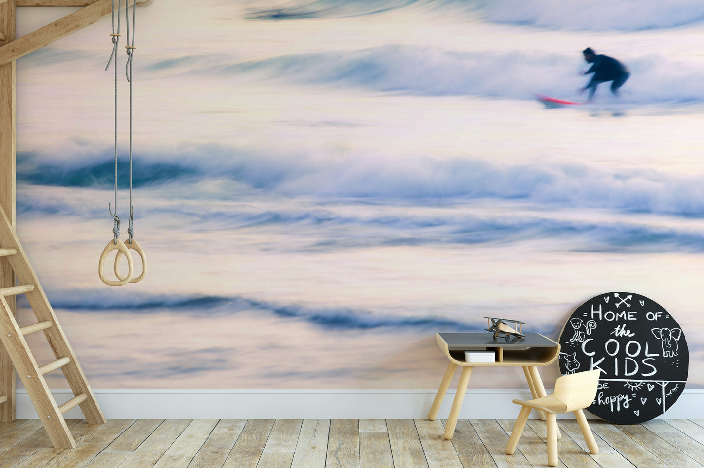 A living room featuring the coastal wall mural.

