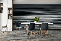 A minimalist home office with the abstract wave wallpaper.

