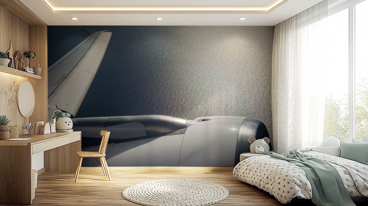 The wallpaper is used as a feature wall in a bedroom.

