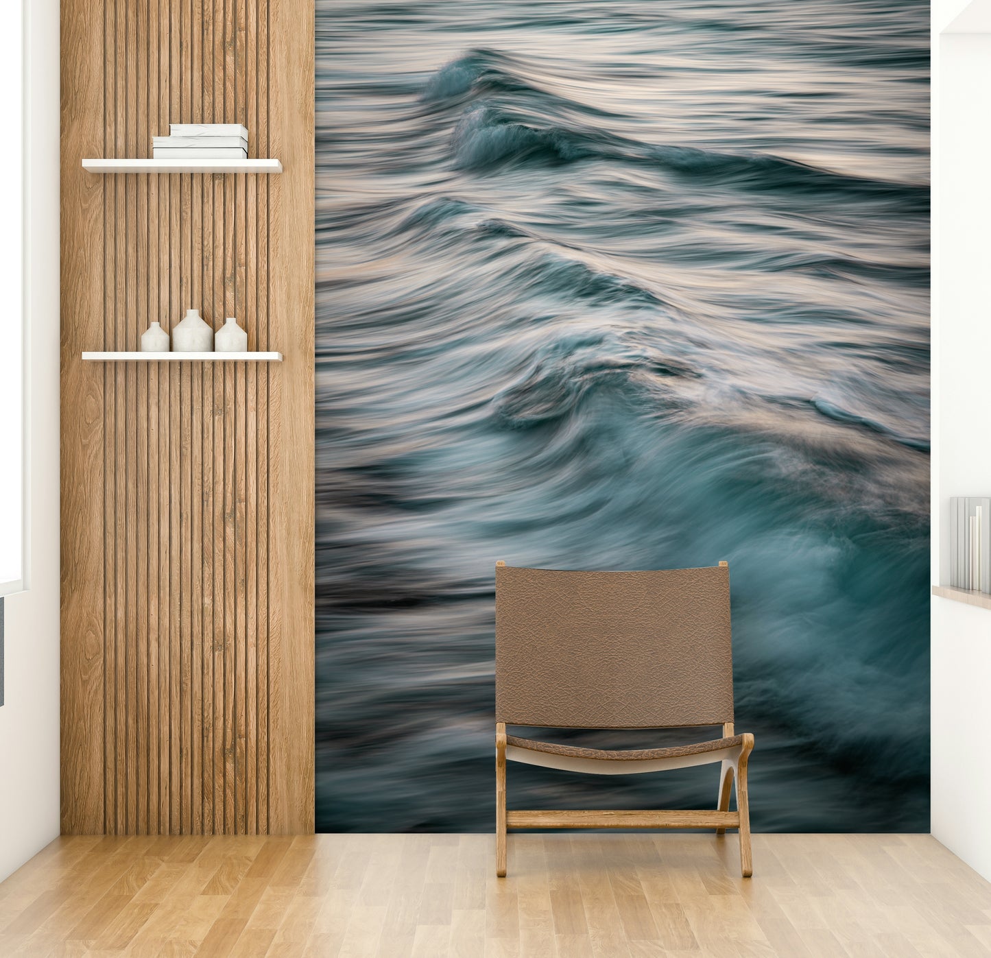 A minimalist home office with the abstract wave wallpaper.

