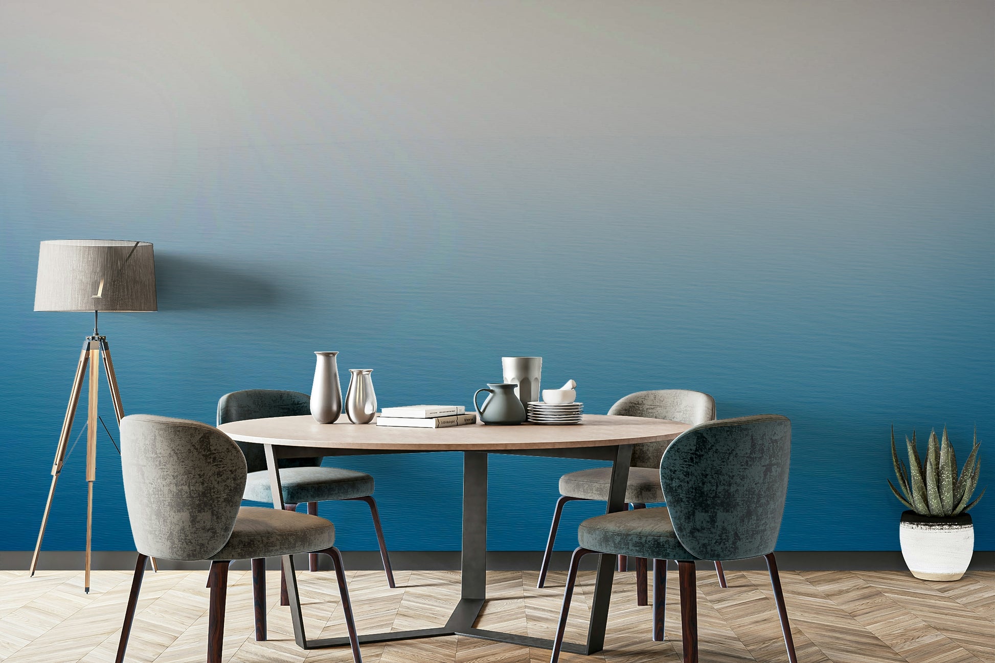 The wallpaper is used as a feature wall in a bedroom.

