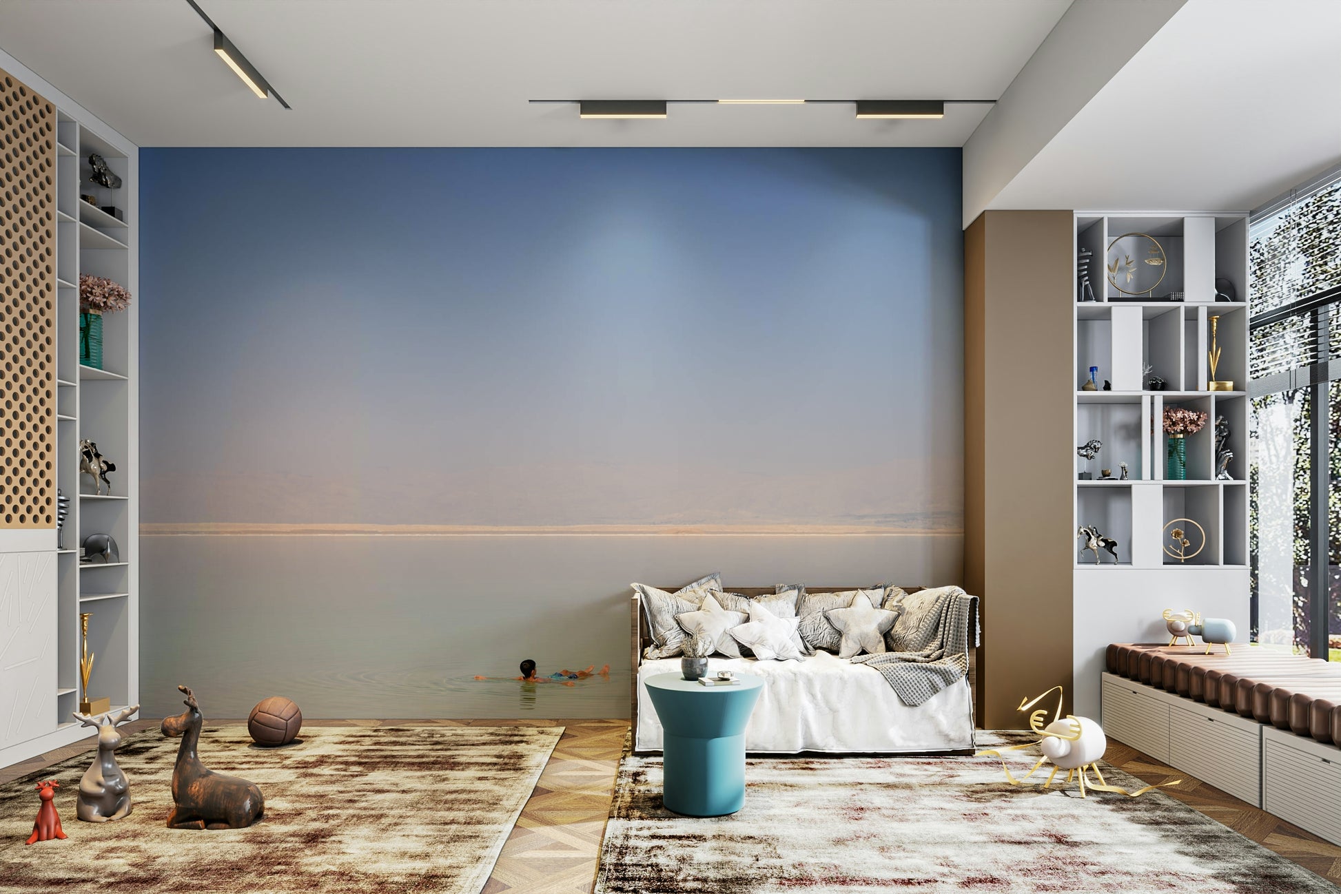 A minimalist interior with the Dead Sea wallpaper.

