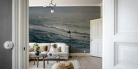 A minimalist home office with the ocean-themed wallpaper.

