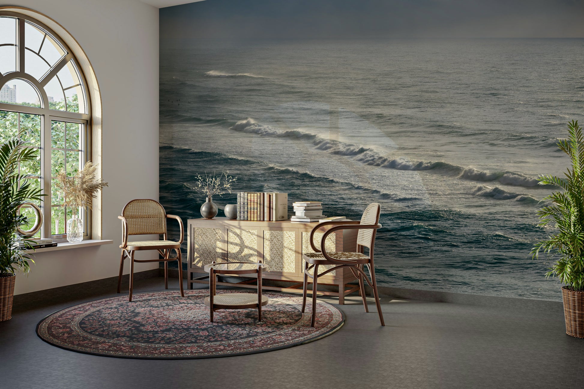The wallpaper is used to create a feature wall in a dining room.

