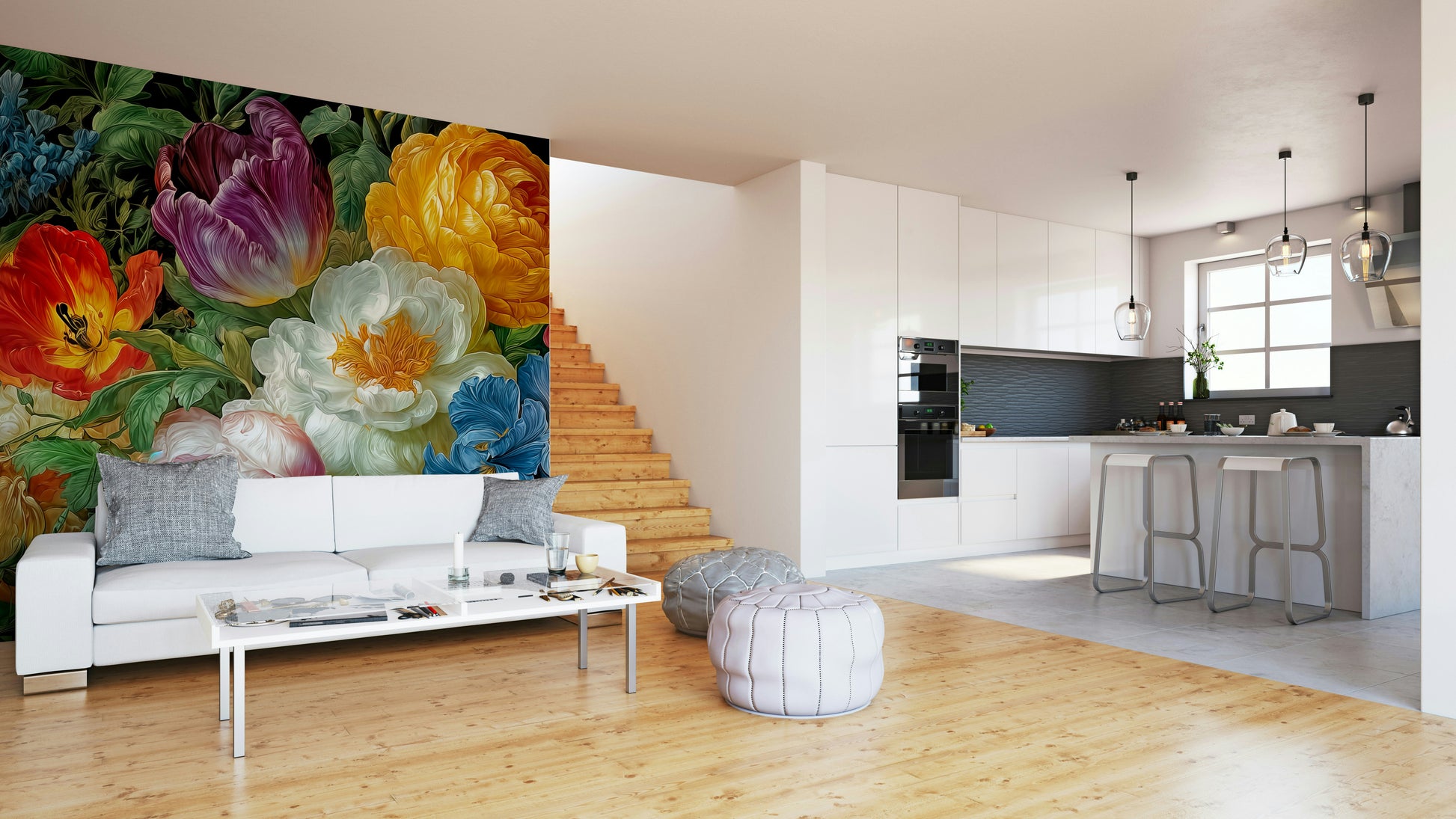 The wallpaper is used as a feature wall in a bedroom.

