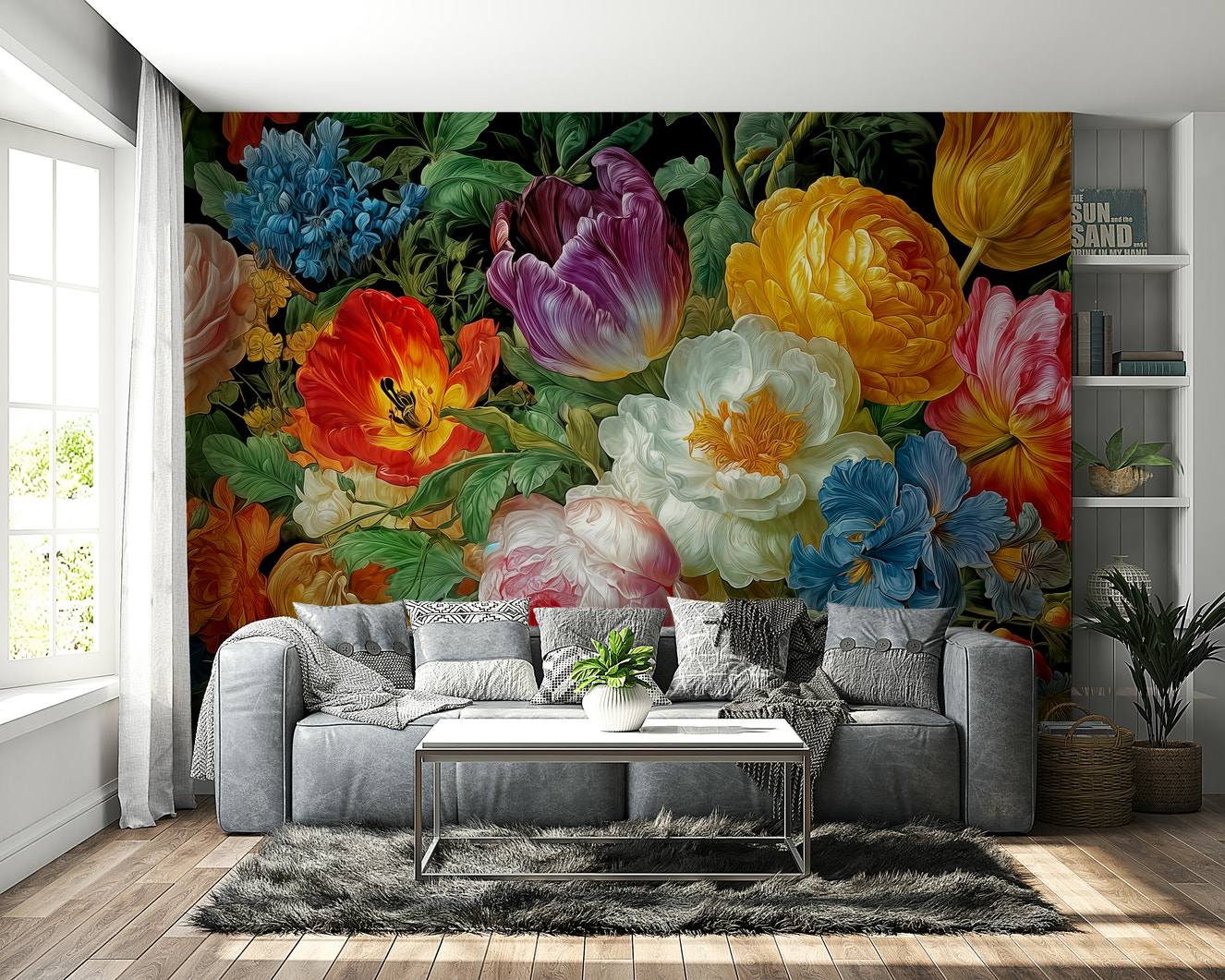 A beautiful, vibrant floral arrangement in a radiant blossom mural.

