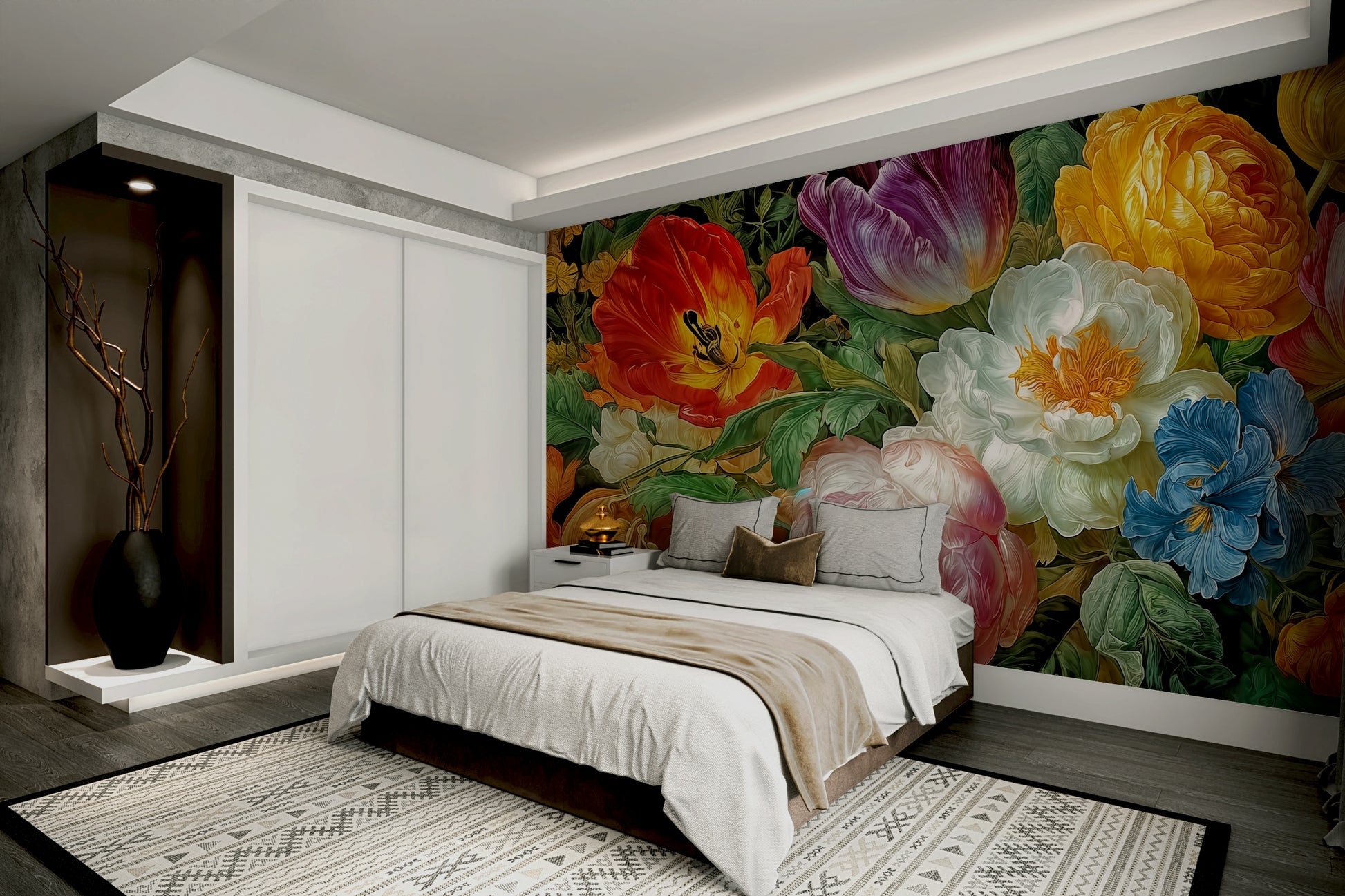 A high-angle view of the wall mural in a large space.

