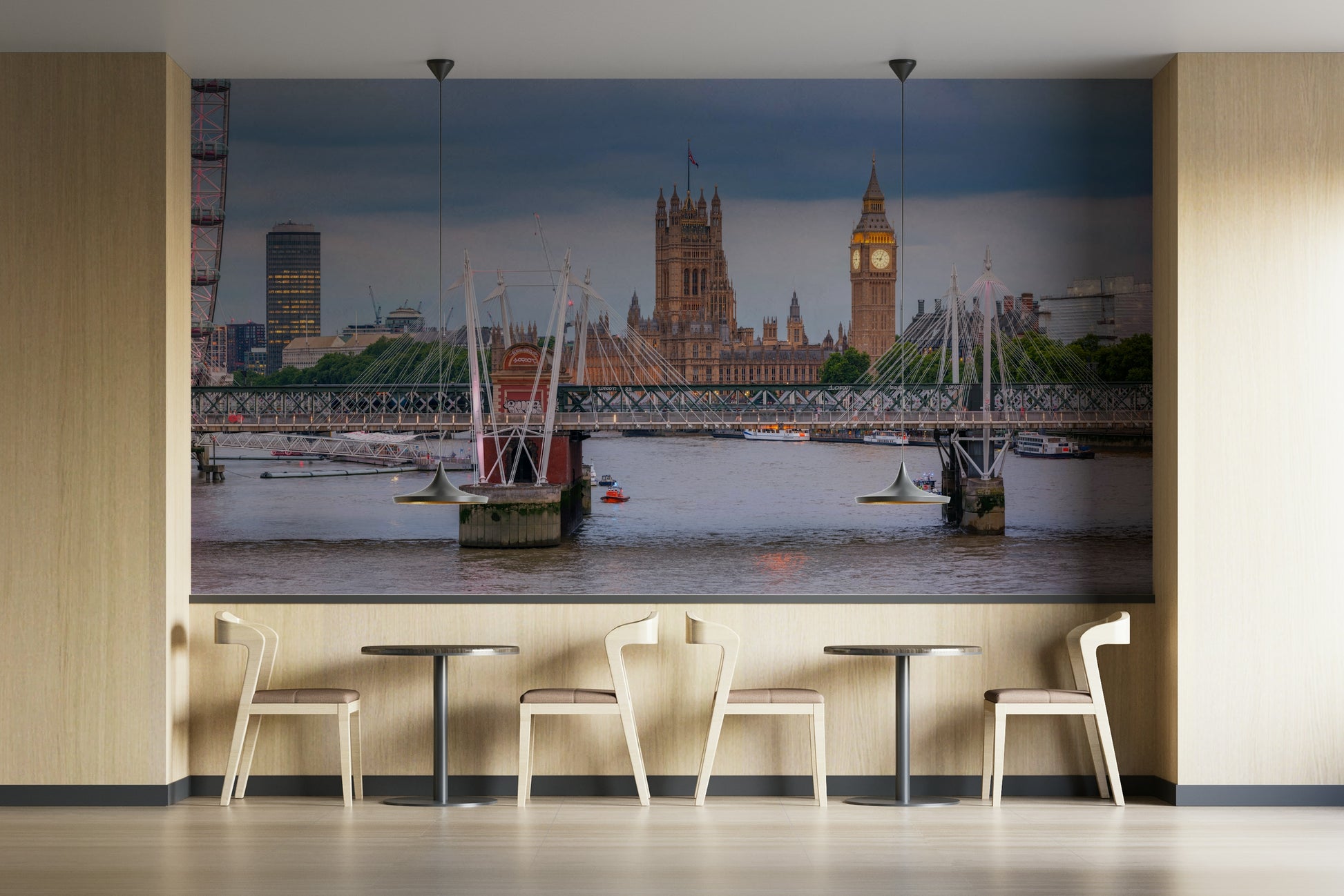 A detail shot of the elegant skyscraper silhouettes against the twilight sky.

